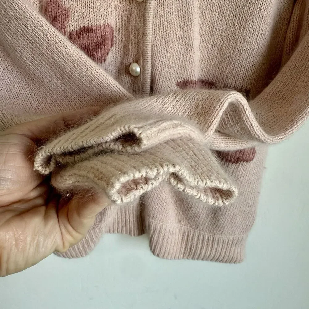 Andrea Gayle Vintage Sm Silk Wool Blend Pink Coquette Pearl Button Up Cardigan